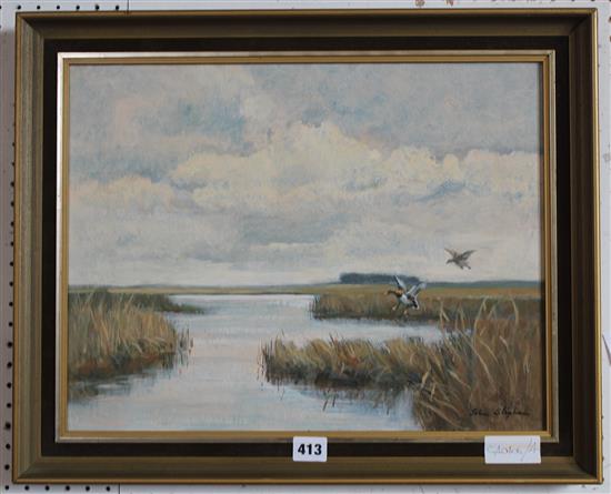 John Stephens acrylic on board, mallard landing